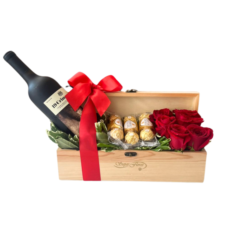 CAJA DE BEBIDAS MÁS CHOCOLATES + ROSAS -AMOR 100046